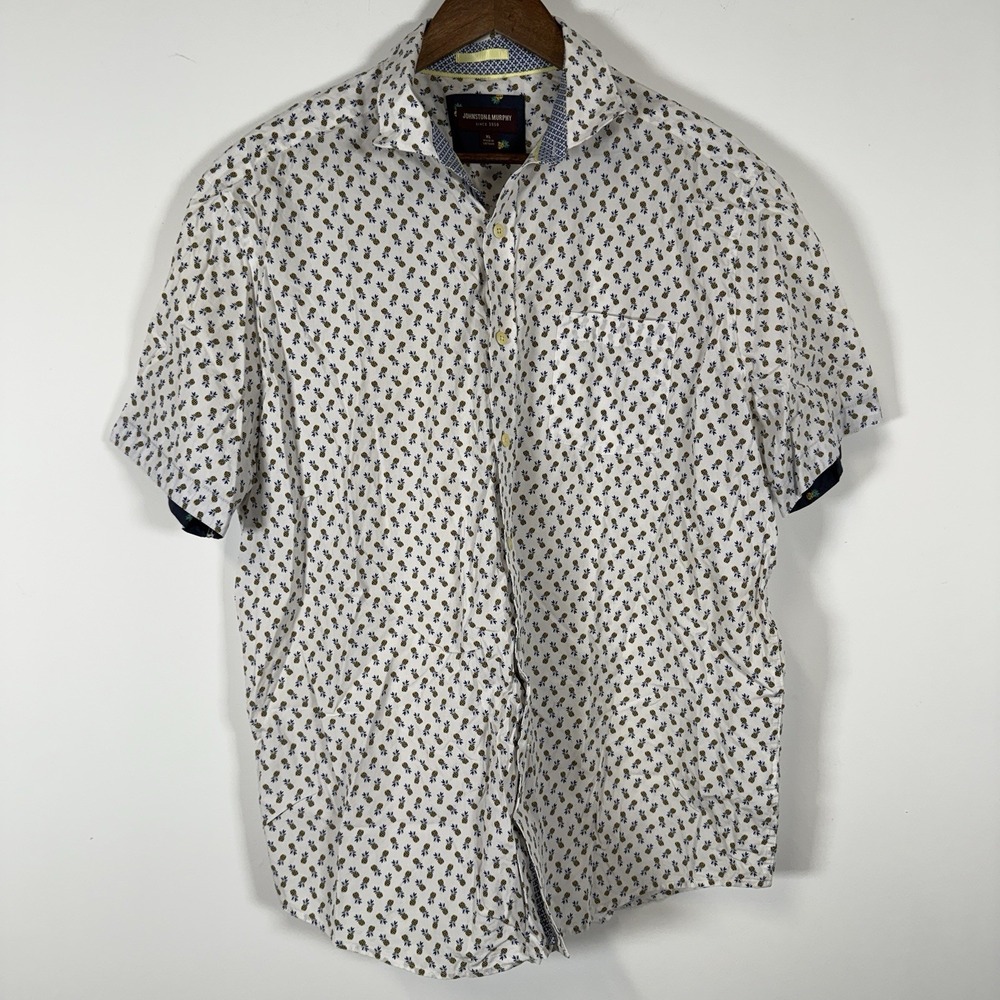 Johnston & Murphy Men's Button Down Shirt Short‎ Sleeve Pineapple Size XL White